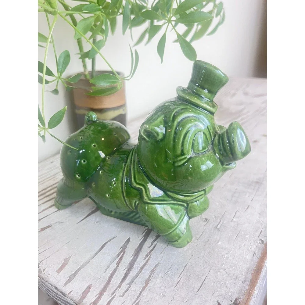 Vintage Rare MCM Green Glazed Piggy Toothpick Appetizer Stick Pin Holder Figure